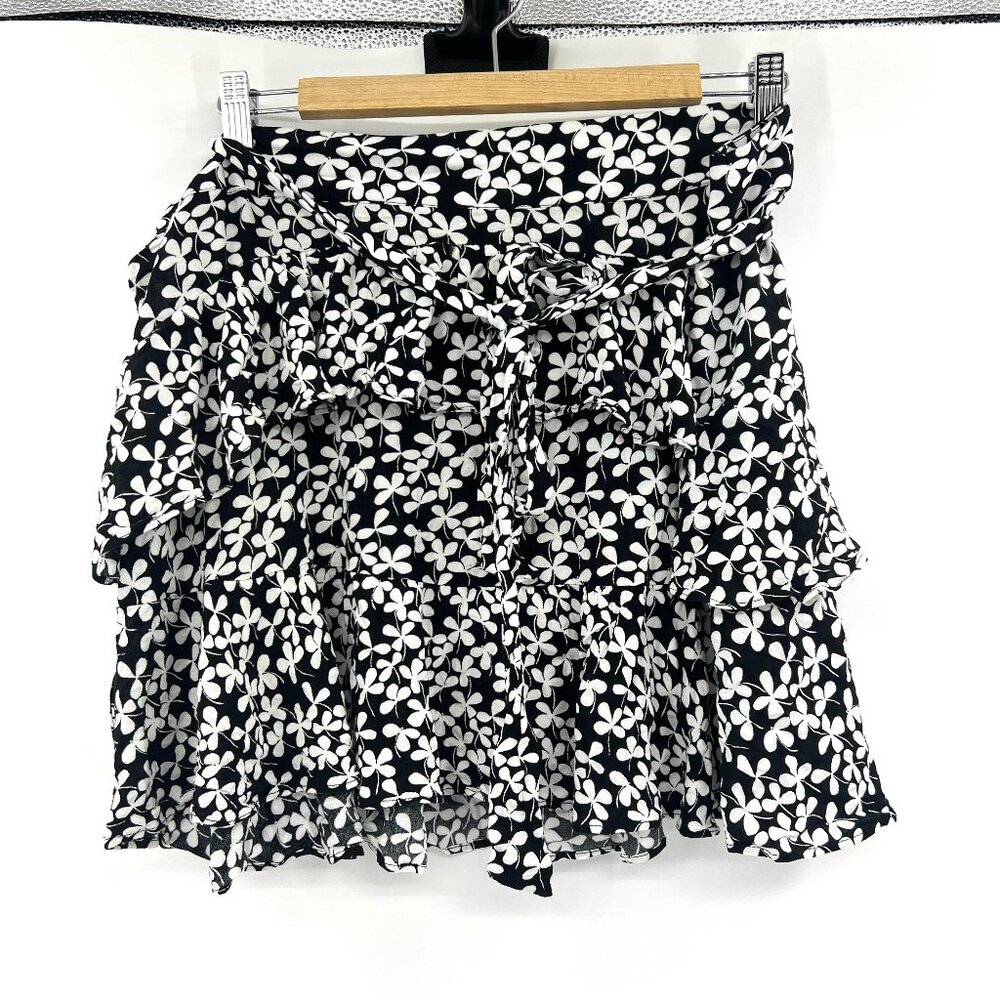 Who What Wear Black White Floral Ruffled Mini Skirt Women's 14